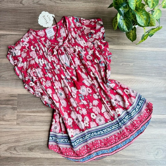 Knox Rose Red and White Floral Flutter Sleeve Peasant Boho Blouse – Size XS - Picture 12 of 12